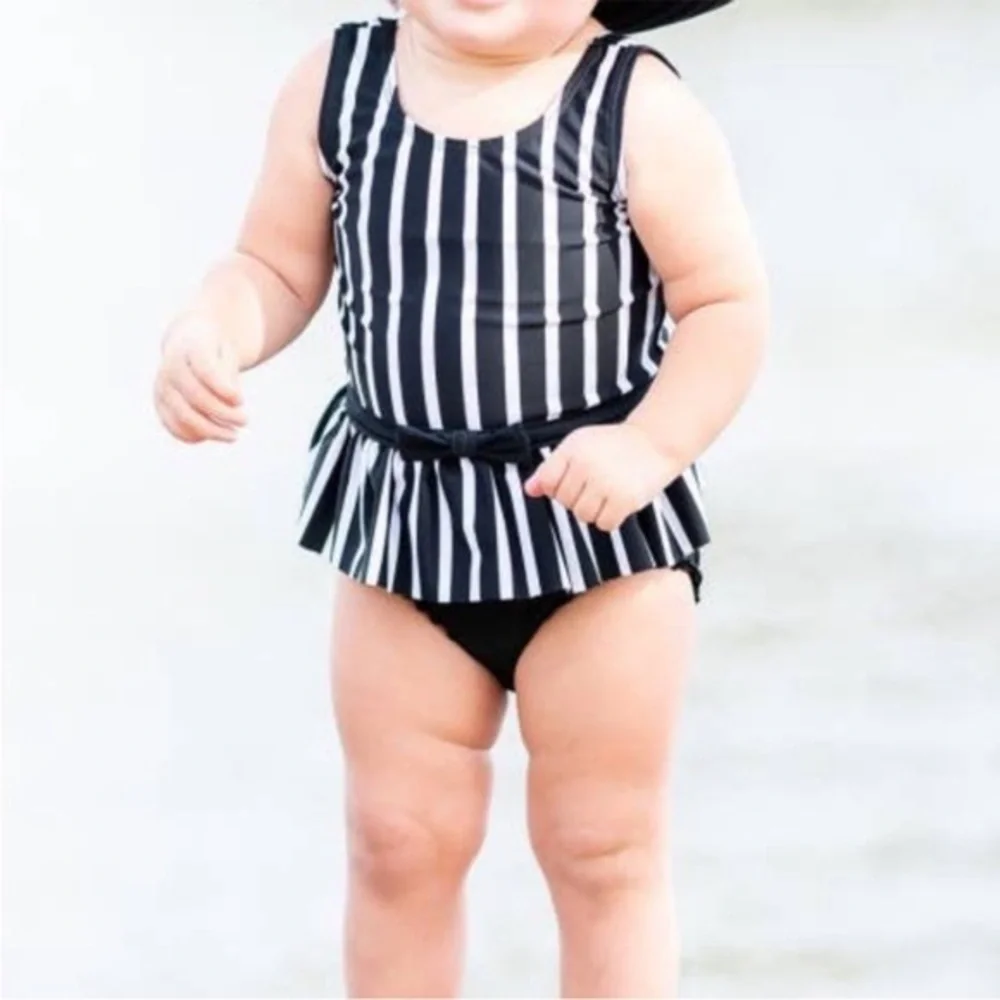RuffleButts Black White Striped Skirted One Piece Swimsuit